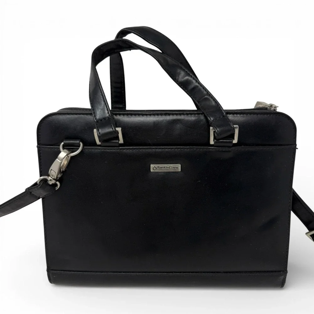 Vtg Franklin Covey Pocket Planner Crossbody Organizer Black Leather Zip Binder